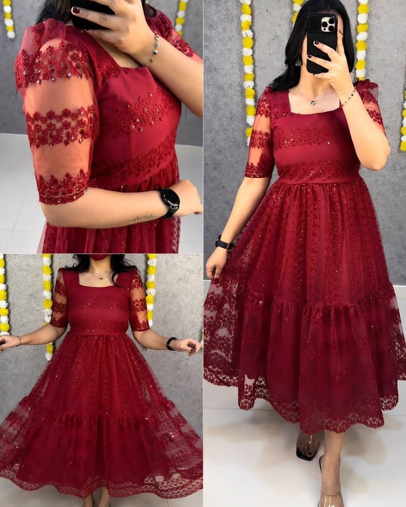 Flower Embroidery Sequence Work Frock