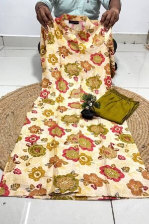 Floral Co Ord Set - Beige and Olive Textured Cotton - KK Fashion Mart