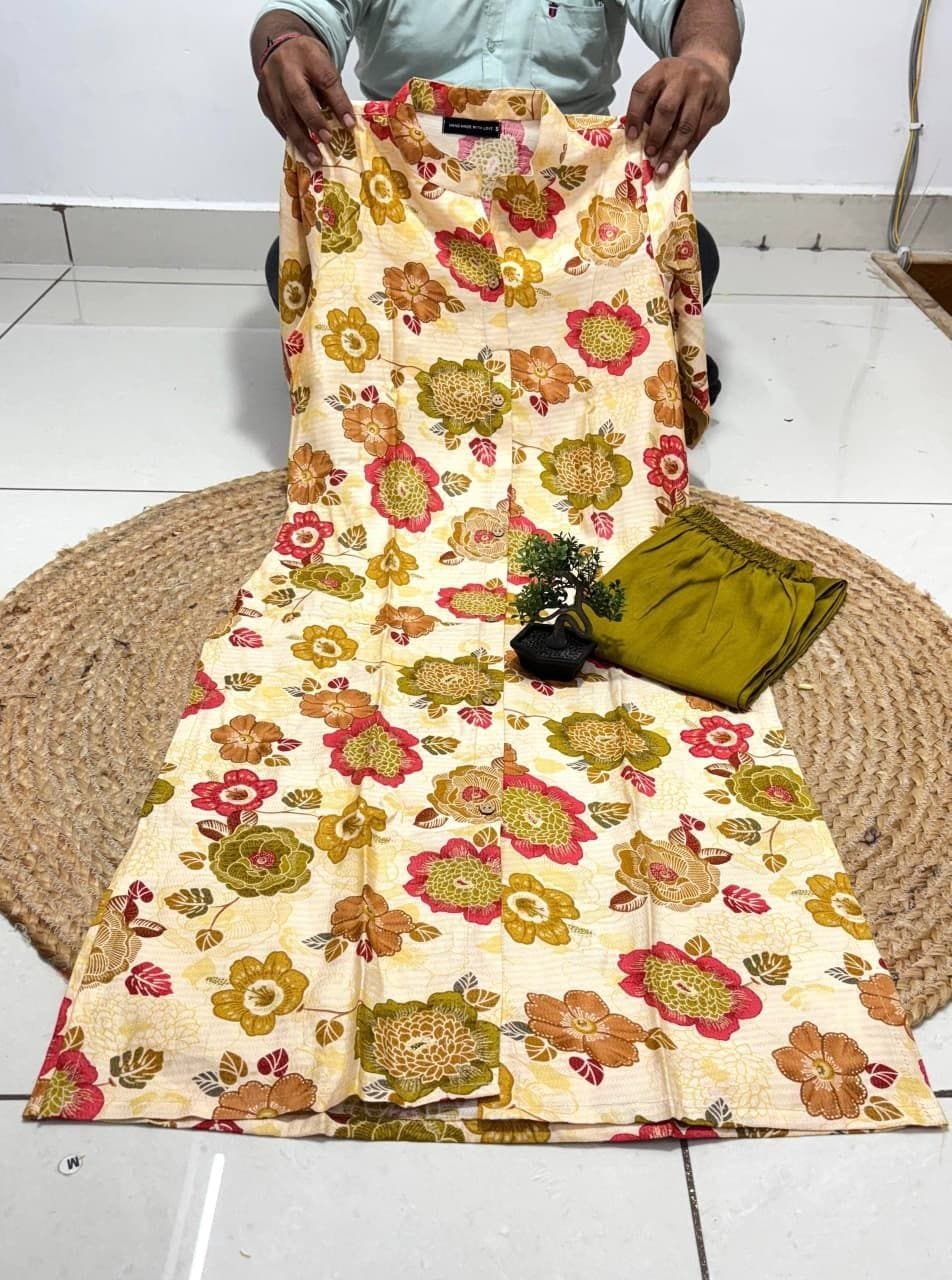 Floral Co Ord Set - Beige and Olive Textured Cotton - KK Fashion Mart