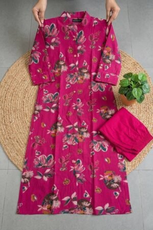 Floral Co Ord Set - Magenta Pink Textured Cotton - KK Fashion Mart