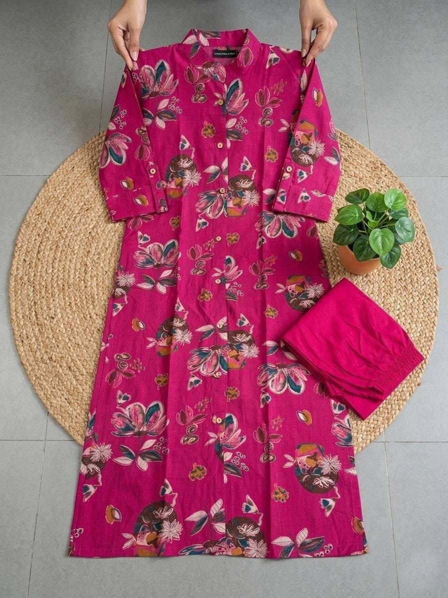 Floral Co Ord Set - Magenta Pink Textured Cotton - KK Fashion Mart