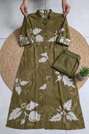 Floral Co Ord Set - Olive Green Botanical Print - KK Fashion Mart