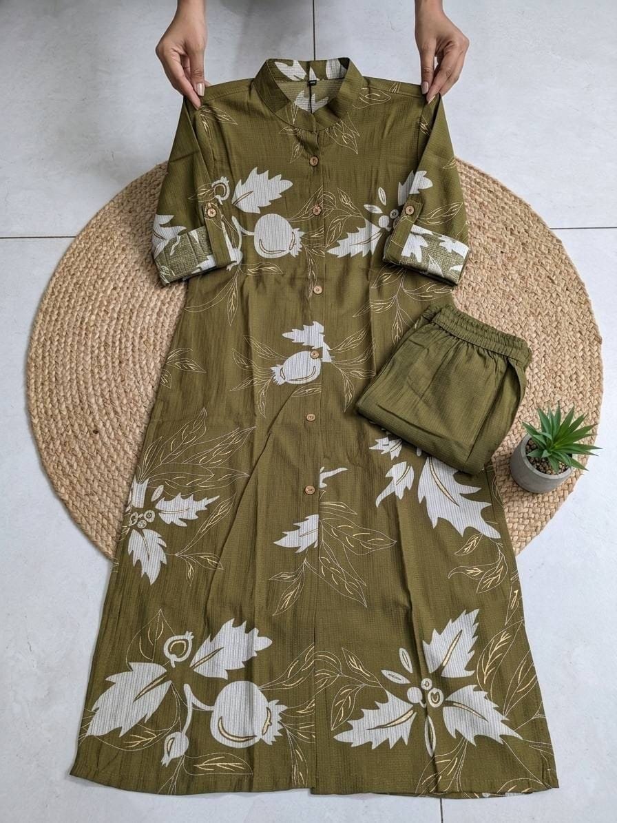 Floral Co Ord Set - Olive Green Botanical Print - KK Fashion Mart