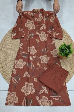 Floral Co Ord Set - Rust Brown Textured Cotton - KK Fashion Mart