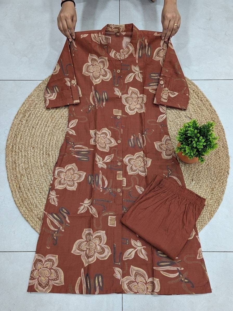 Floral Co Ord Set - Rust Brown Textured Cotton - KK Fashion Mart