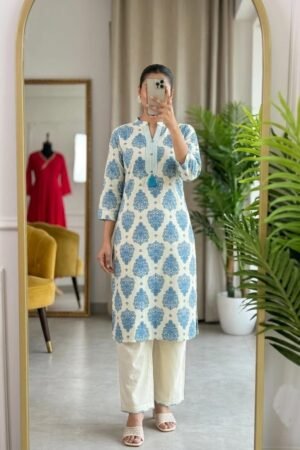 Khadi Cotton Co-ord Set - Blue Paisley Print - KK Fashion Mart