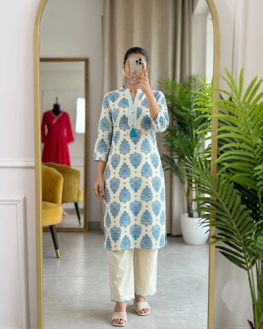 Khadi Cotton Co-ord Set - Blue Paisley Print - KK Fashion Mart