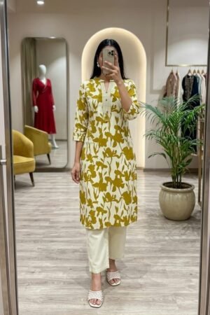 Khadi Cotton Co-ord Set - Mustard Floral Print - KK Fashion Mart