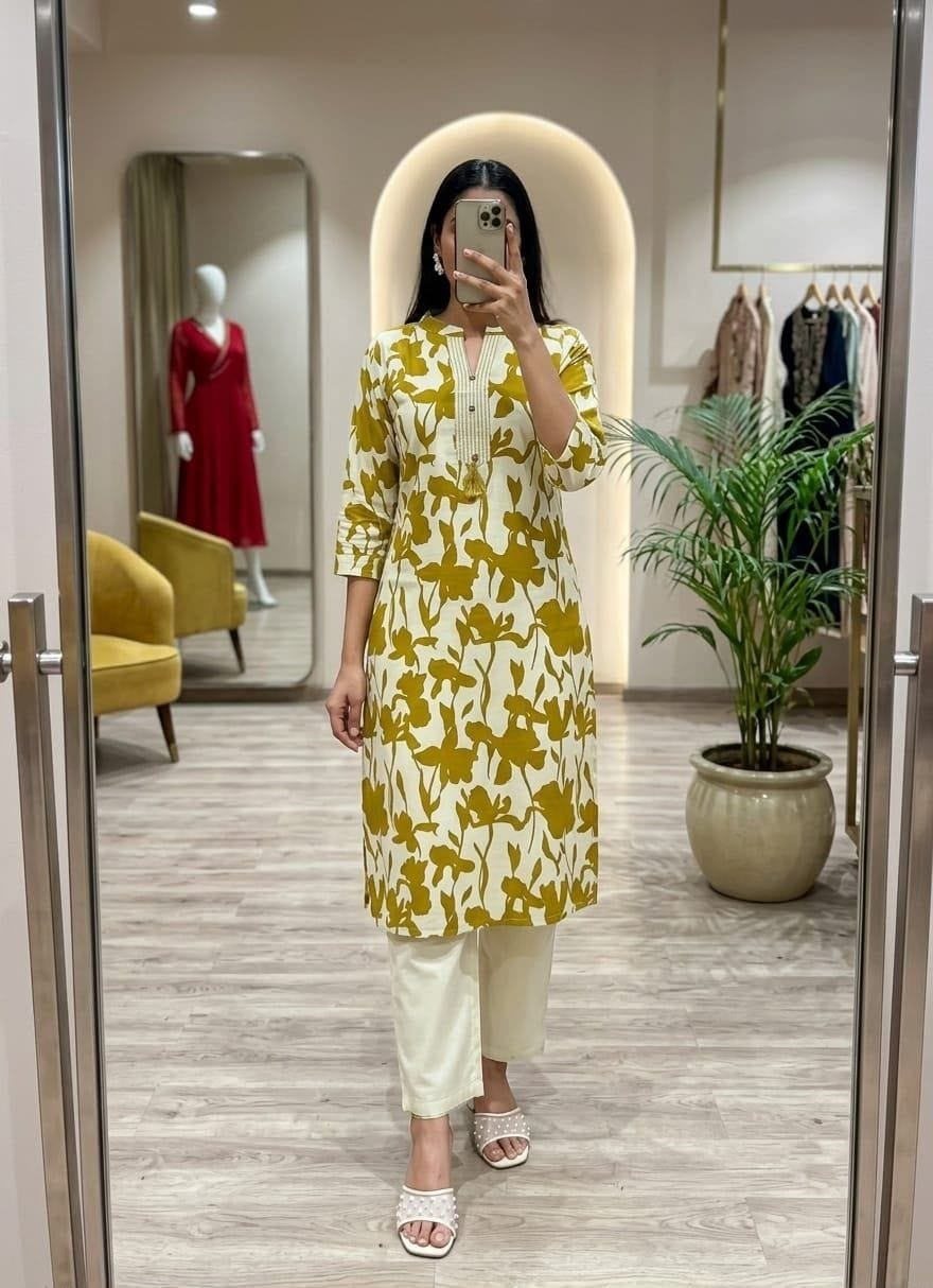 Khadi Cotton Co-ord Set - Mustard Floral Print - KK Fashion Mart