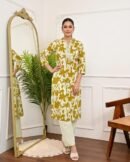Khadi Cotton Co-ord Set - Olive Floral Print - KK Fashion Mart