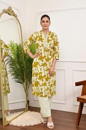 Khadi Cotton Co-ord Set - Olive Floral Print - KK Fashion Mart