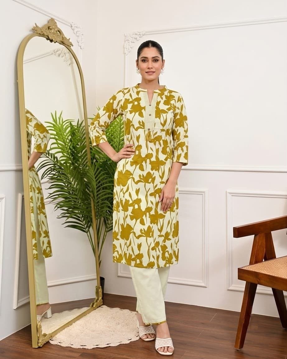 Khadi Cotton Co-ord Set - Olive Floral Print - KK Fashion Mart