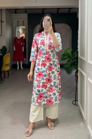 Khadi Cotton Co-ord Set - Pink Floral Print - KK Fashion Mart