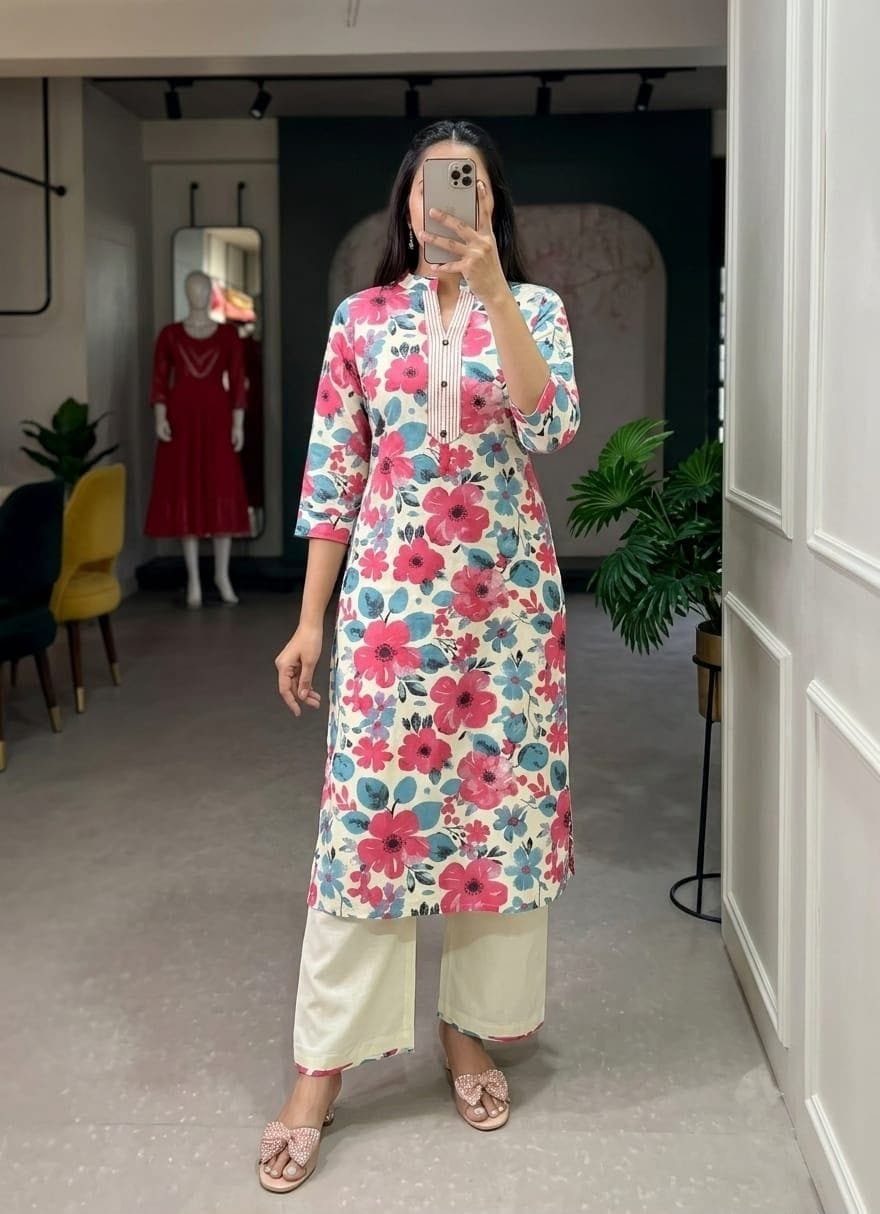 Khadi Cotton Co-ord Set - Pink Floral Print - KK Fashion Mart