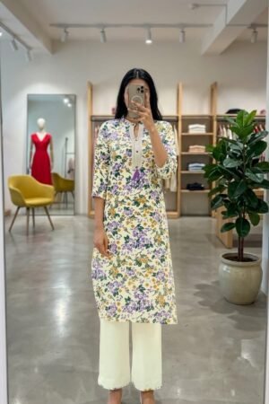 Khadi Cotton Co-ord Set - Purple Floral Print - KK Fashion Mart