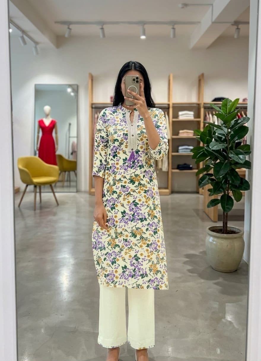 Khadi Cotton Co-ord Set - Purple Floral Print - KK Fashion Mart