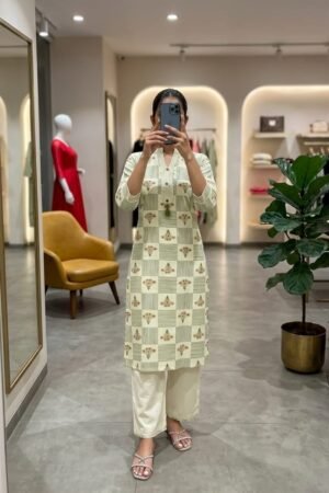 Khadi Cotton Co-ord Set - Sage Green Checkered - KK Fashion Mart