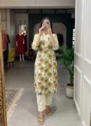 Khadi Cotton Co-ord Set - Yellow Abstract Floral - KK Fashion Mart