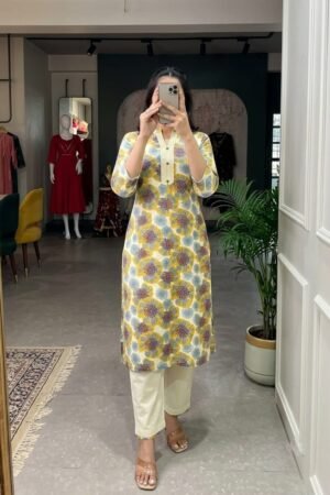 Khadi Cotton Co-ord Set - Yellow Abstract Floral - KK Fashion Mart
