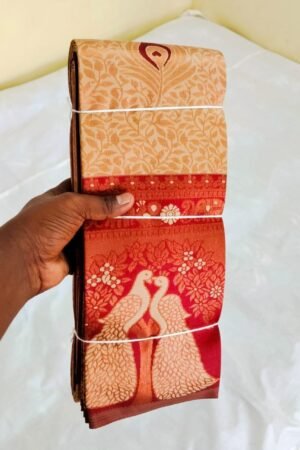 Korvai Silk Saree - Red and Beige Peacock Motif - KK Fashion Mart