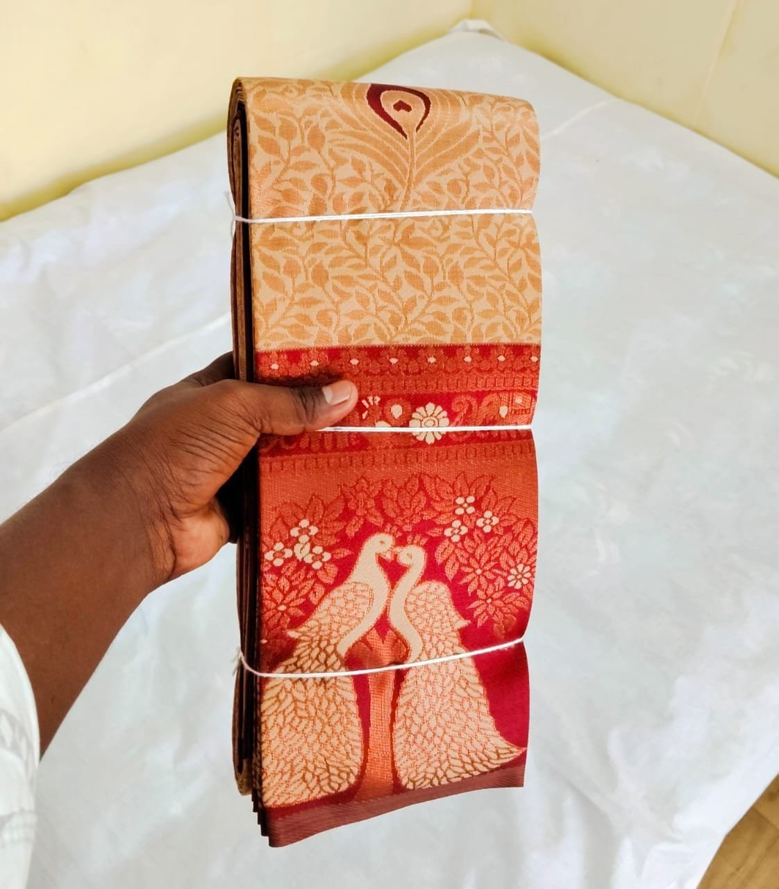 Korvai Silk Saree - Red and Beige Peacock Motif - KK Fashion Mart